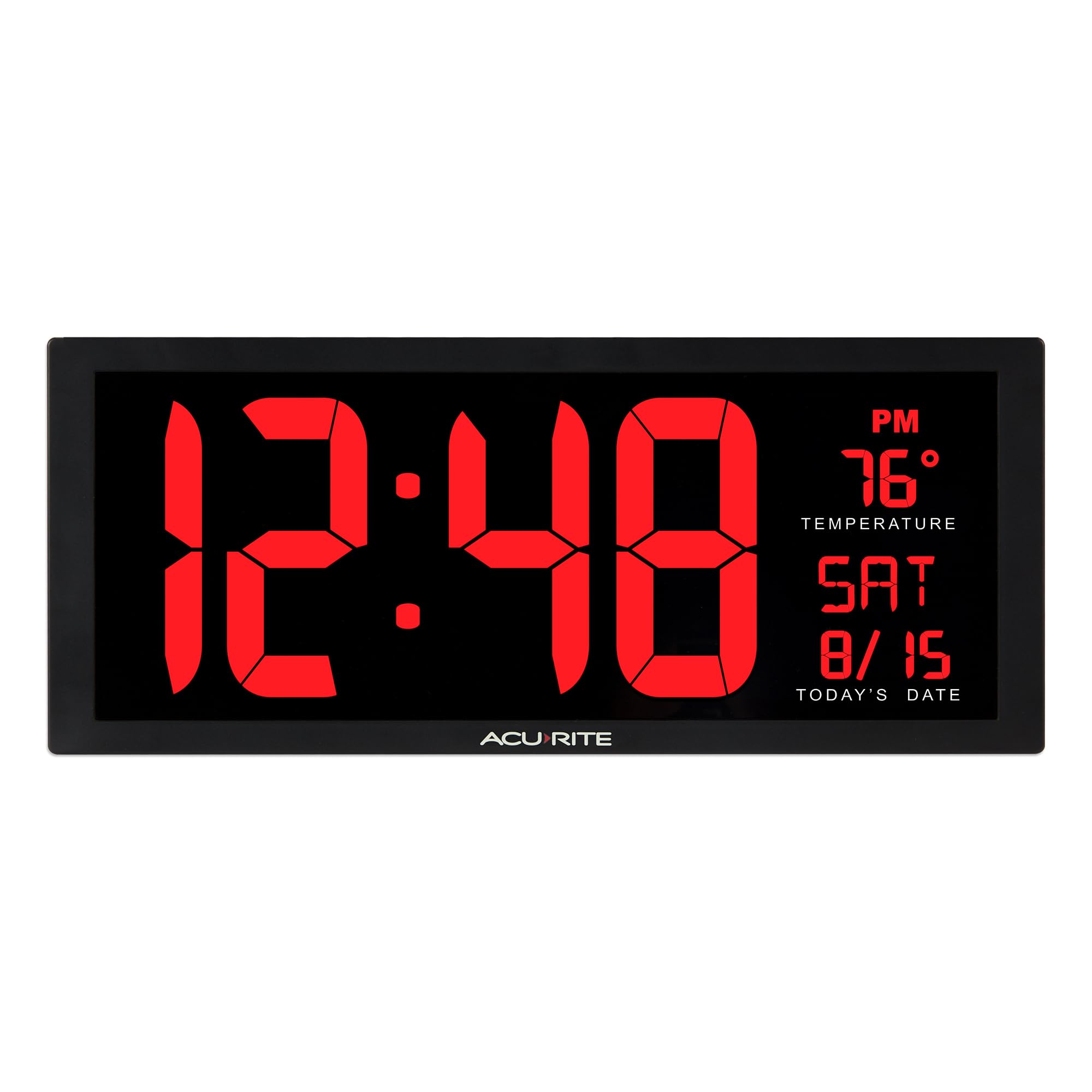 AcuRite oversized digital wall clock front view with bold red digits for easy visibility