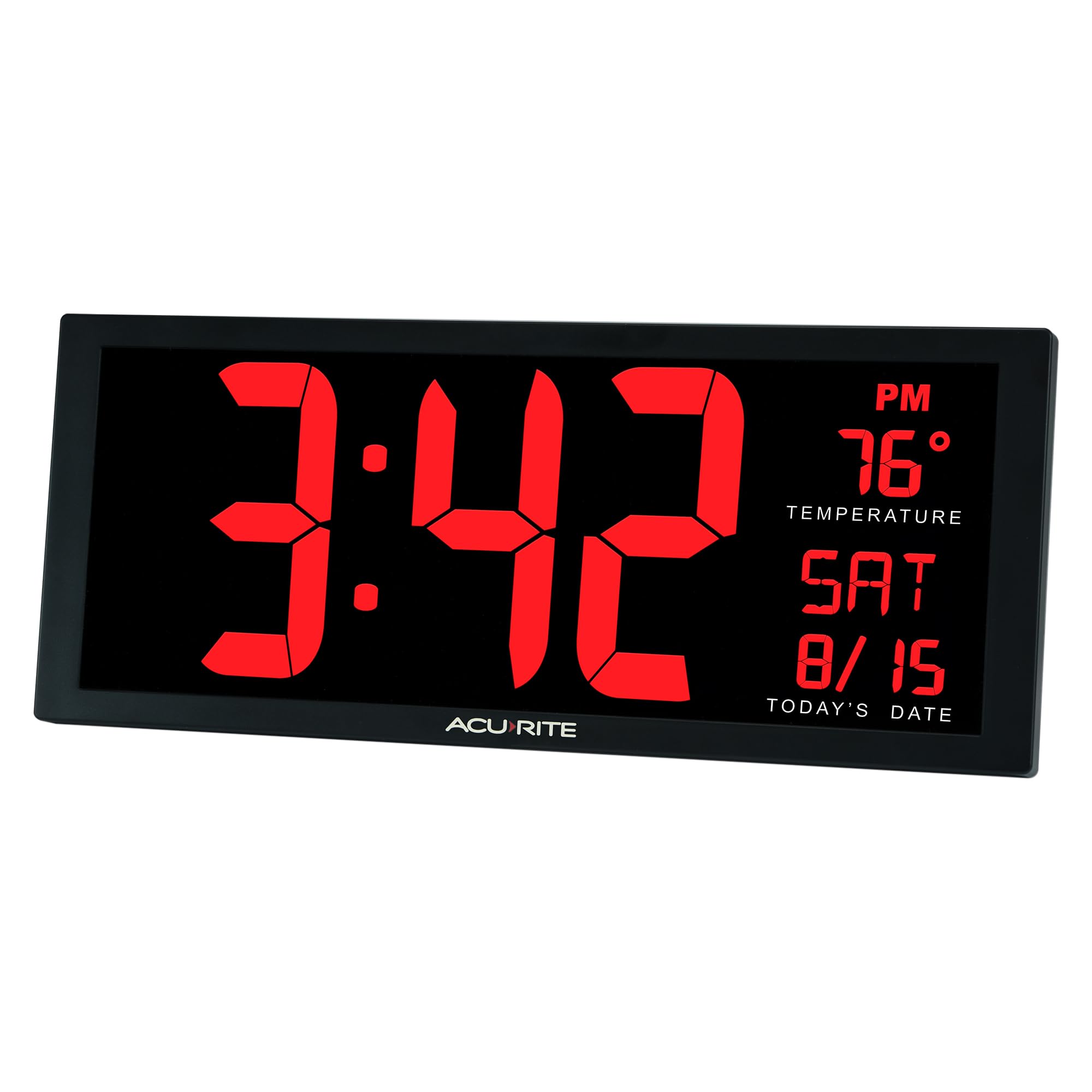 AcuRite clock mounted on wall or using fold-out stand for tabletop use