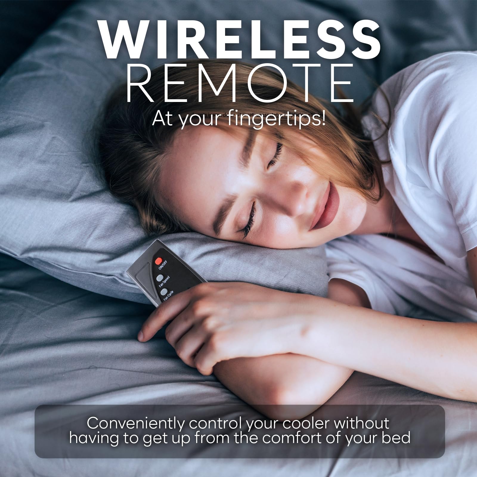 Bedroom scene featuring Adamson B10 Midnight under-bed cooling system.