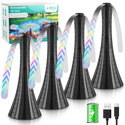 Adawook rechargeable fly fan on tabletop keeps flies away during outdoor meals.