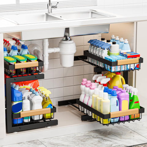 ADBIU Under-Sink Organizer XL 2-pack keeps cabinets tidy and boosts usable storage.