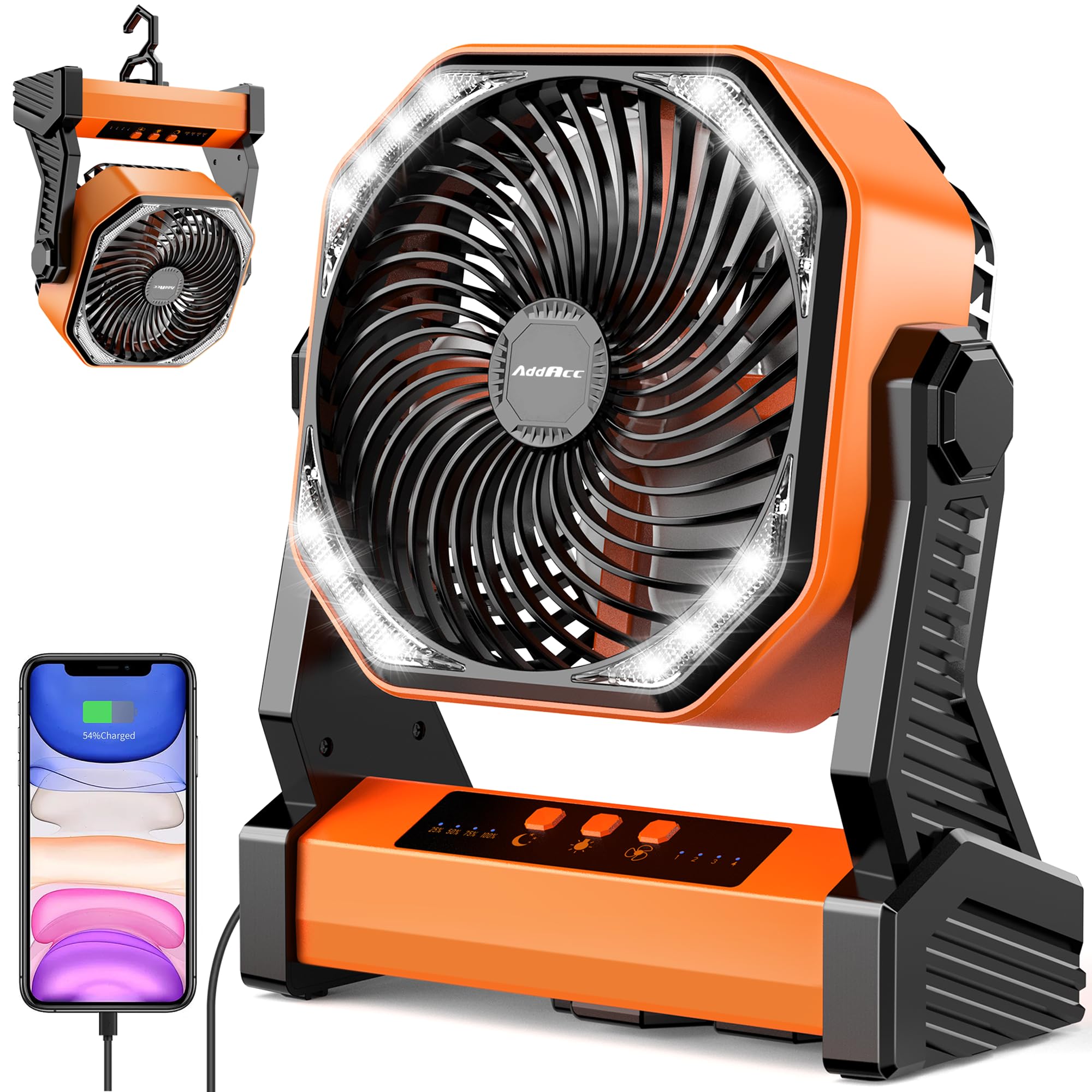 AddAcc 20000mAh camping fan powering off-grid cooling at the campsite.