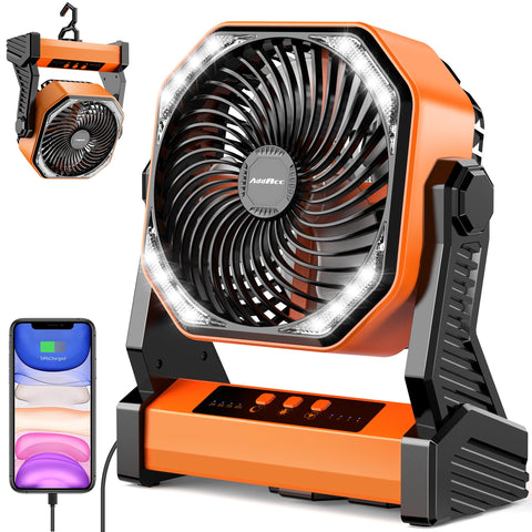 AddAcc 20000mAh camping fan powering off-grid cooling at the campsite.