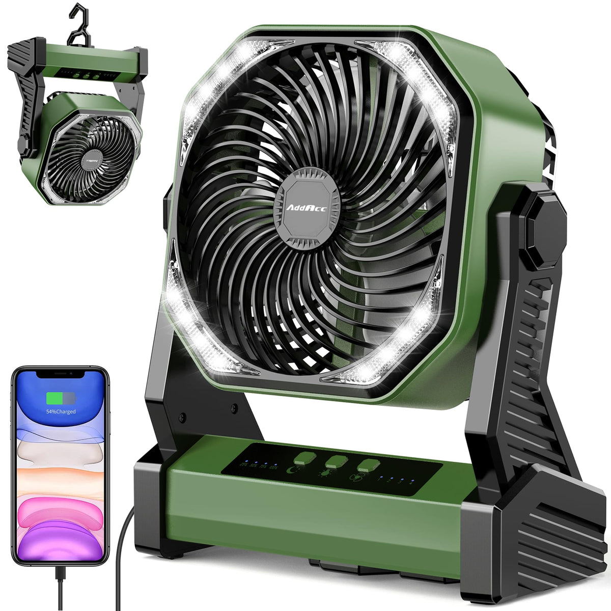 AddAcc 20000mAh camping fan battery powering off-grid comfort on outdoor adventures.