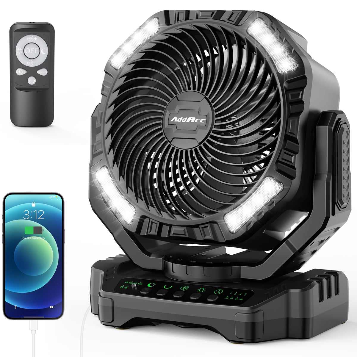 AddAcc 40000mAh camping fan with remote control for hands-free cooling outdoors.