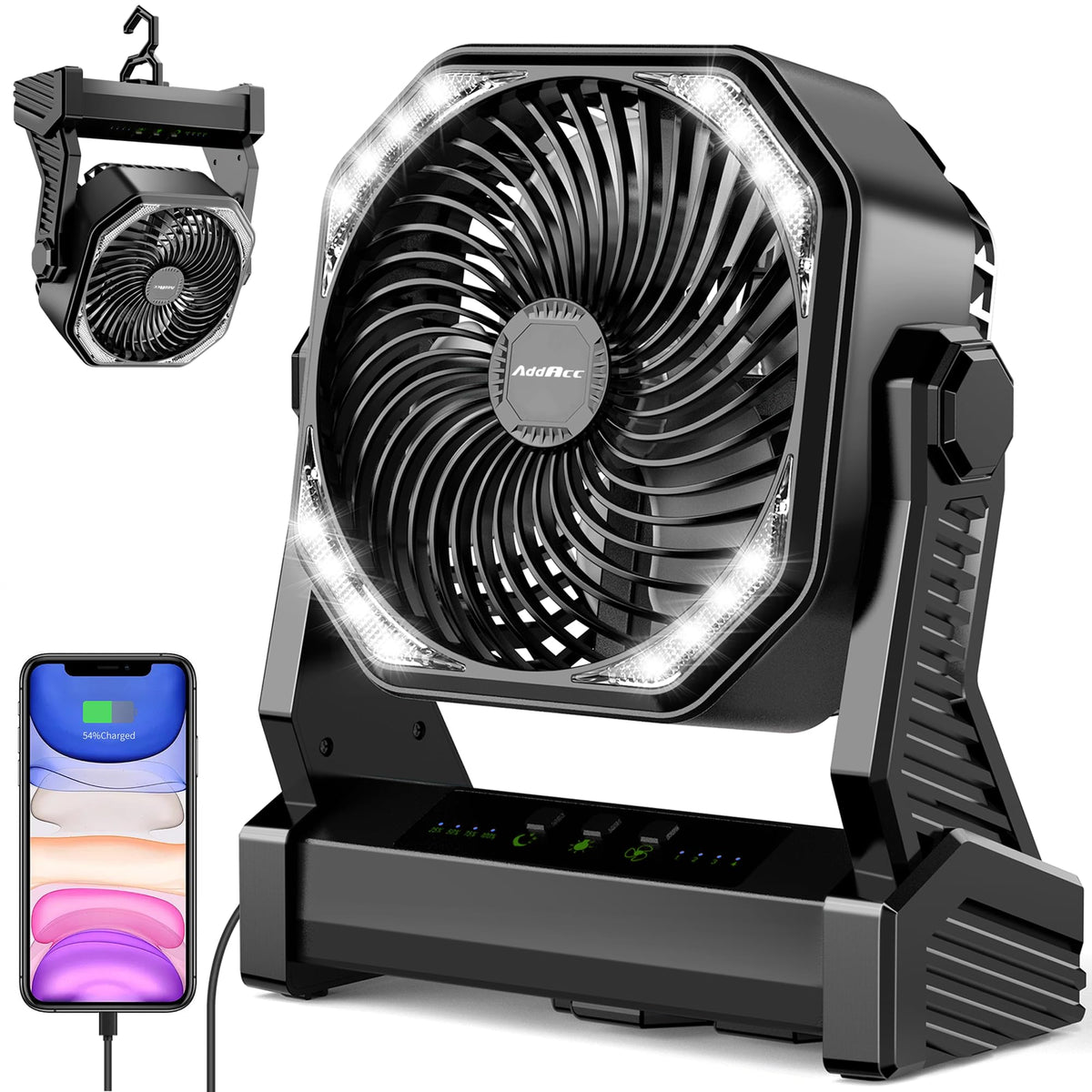 AddAcc AMACOOL 20000mAh camping fan shown in an outdoor setup for off-grid cooling.