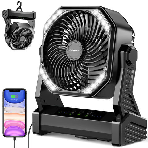 AddAcc AMACOOL 20000mAh camping fan shown in an outdoor setup for off-grid cooling.