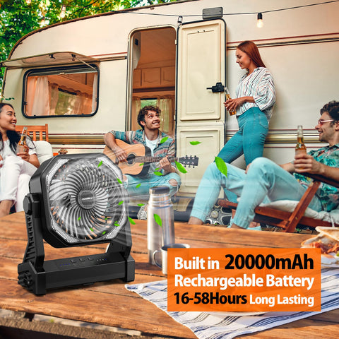 AddAcc AMACOOL camping fan highlighting 58-hour runtime at low speed.