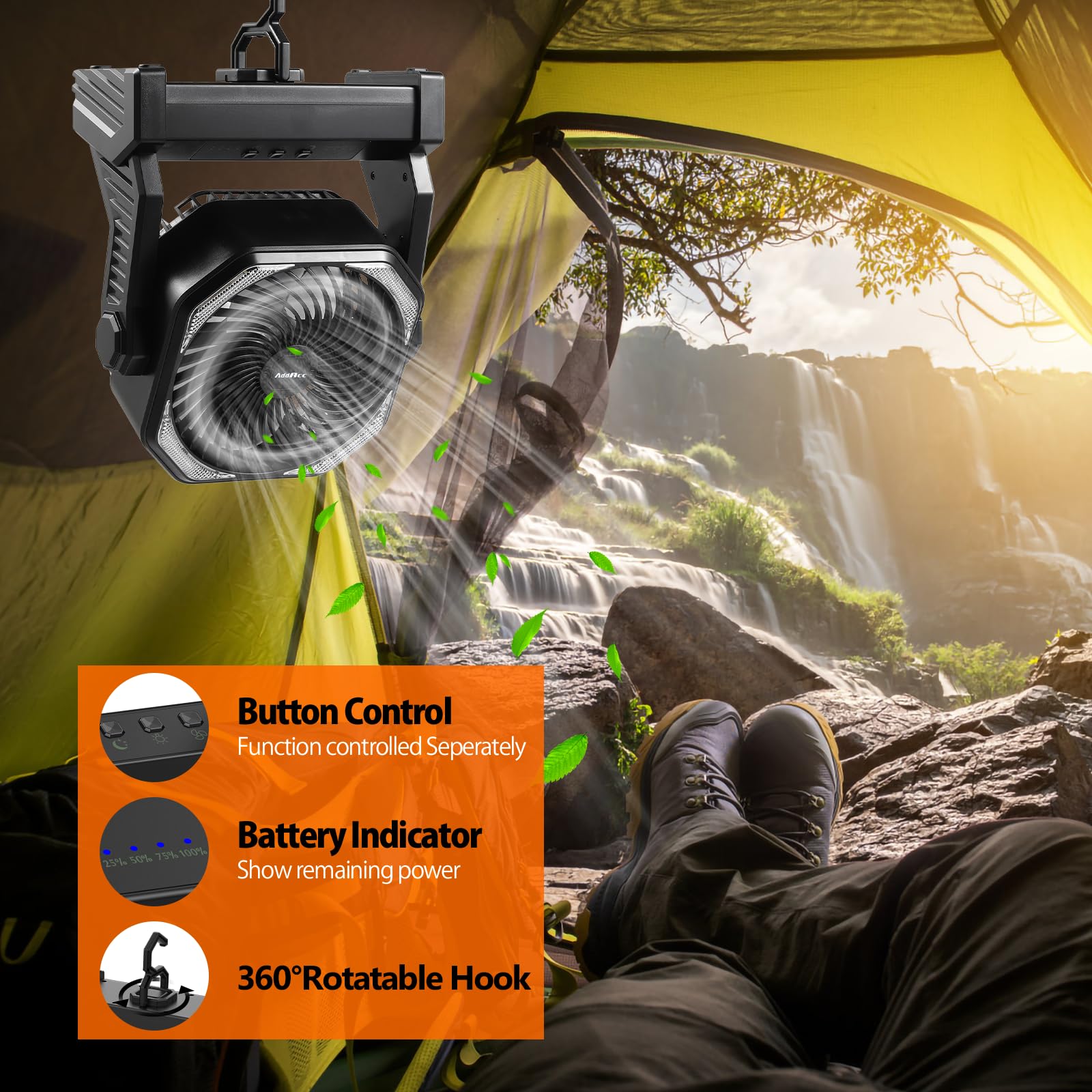 AddAcc AMACOOL whisper-quiet fan suitable for quiet sleep at a campsite.