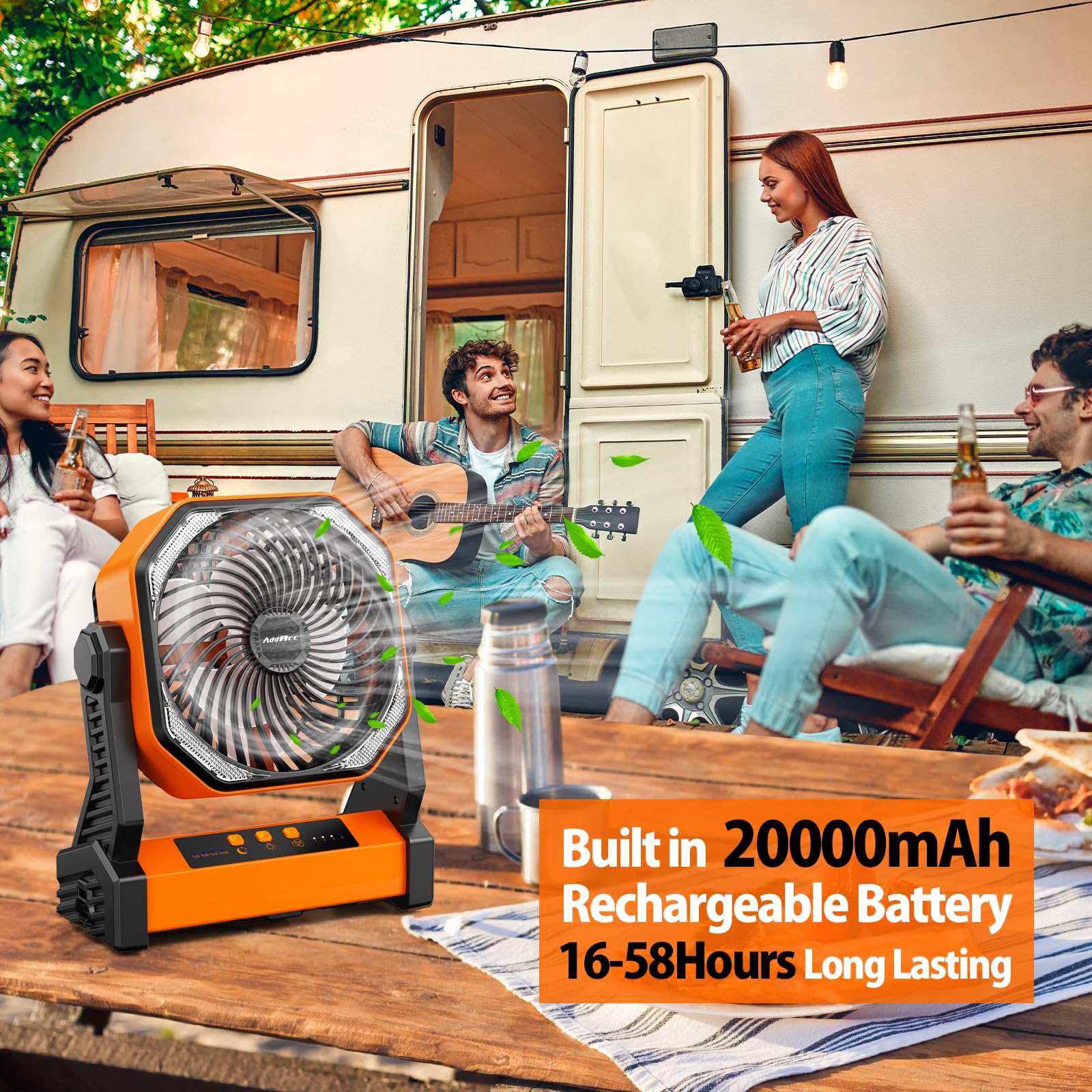 AddAcc camping fan with LED lantern combo for light and breeze.