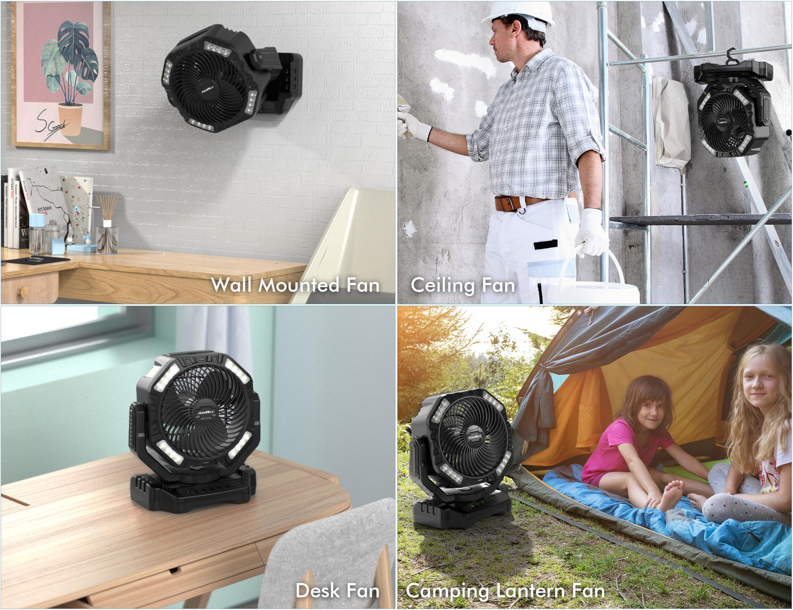 AddAcc hangable and standable design suits ceilings, desks, and floors.