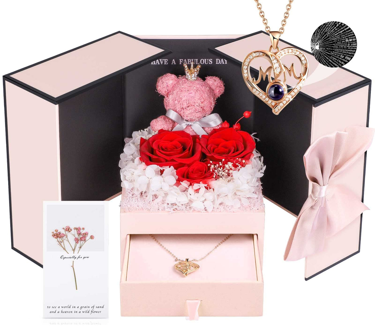 ADDWel preserved roses with I Love You necklace in a gift-ready display.
