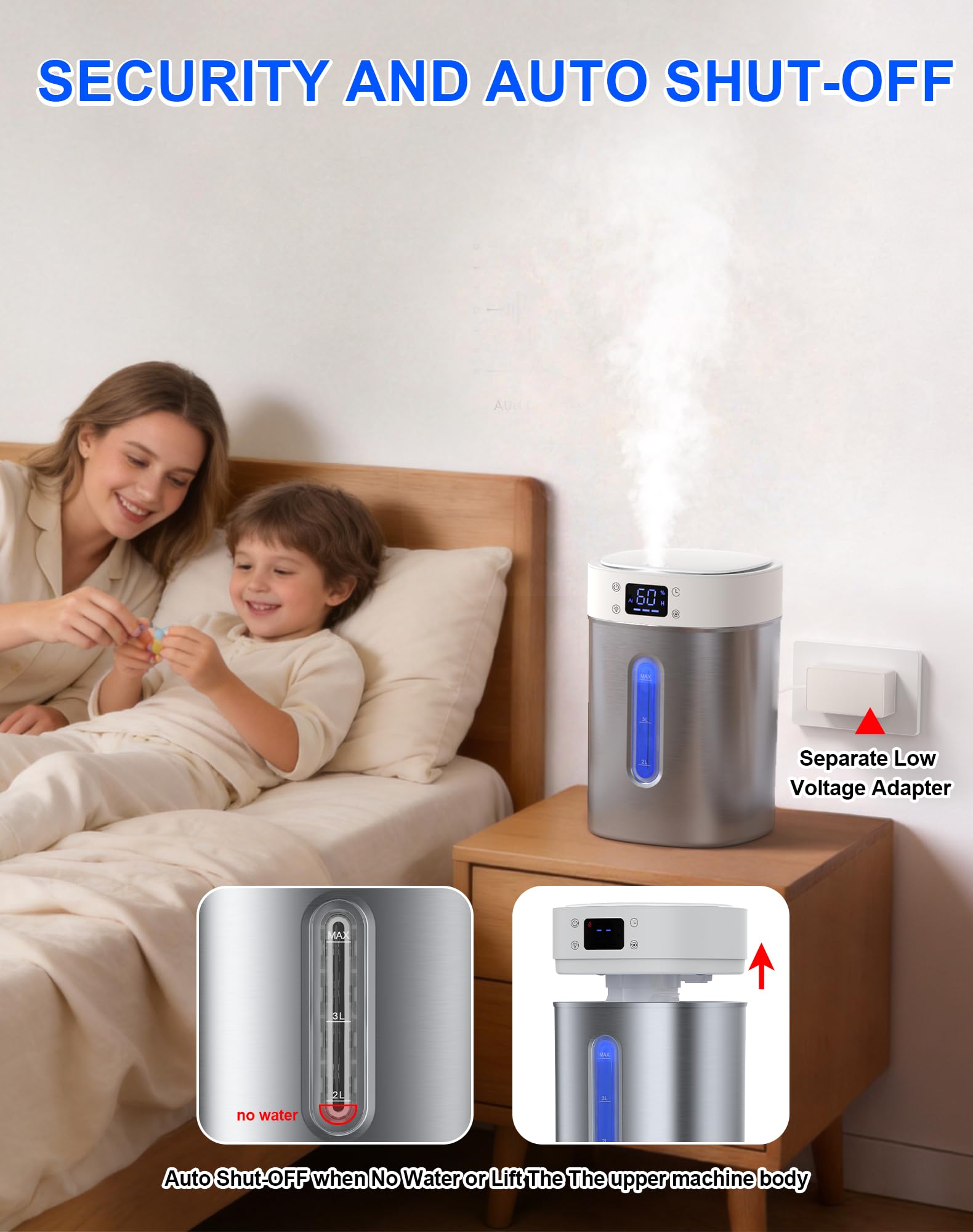 Admettre humidifier sleep mode delivers low noise for restful nights.
