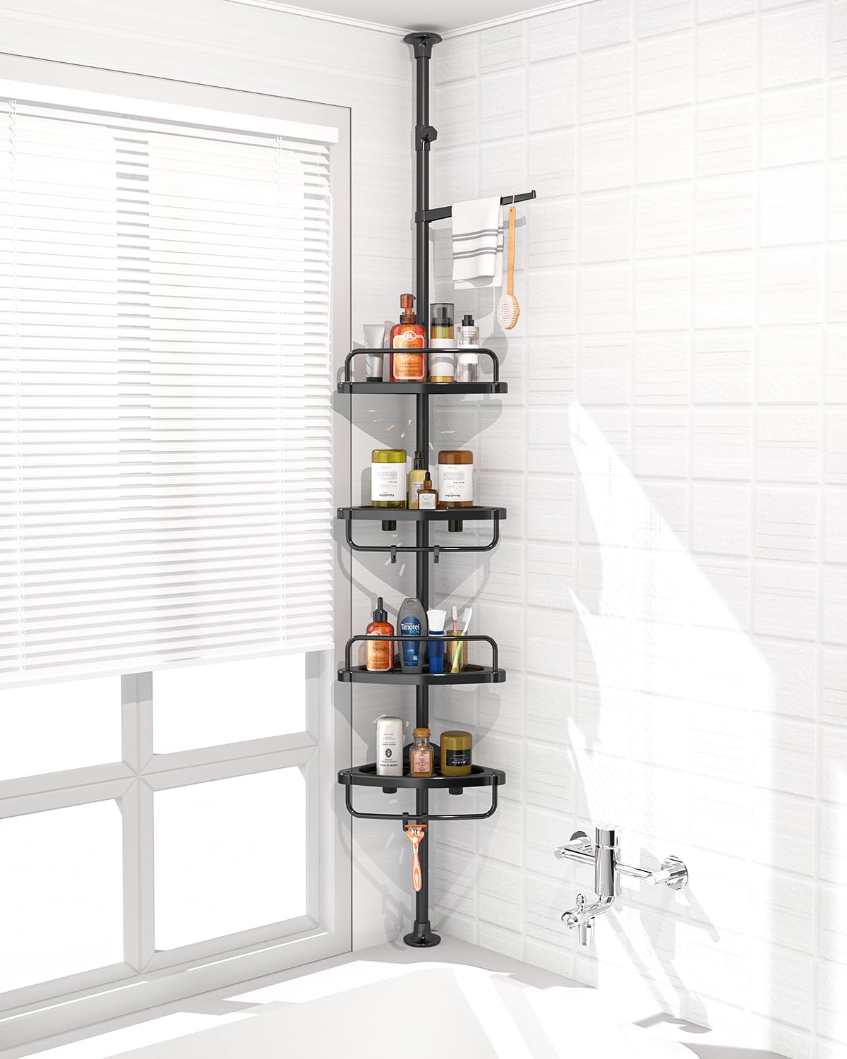 ADOVEL 4-layer corner shower caddy keeps toiletries dry with drainage.