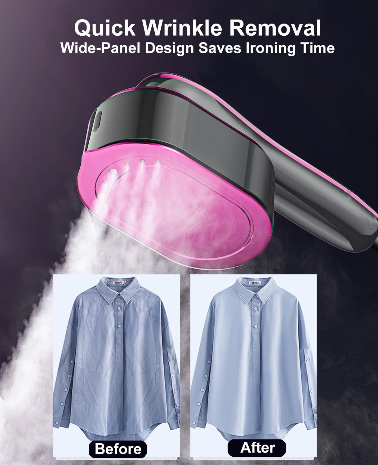 ADPTOYU vertical steaming mode shown on a shirt for easy smoothing