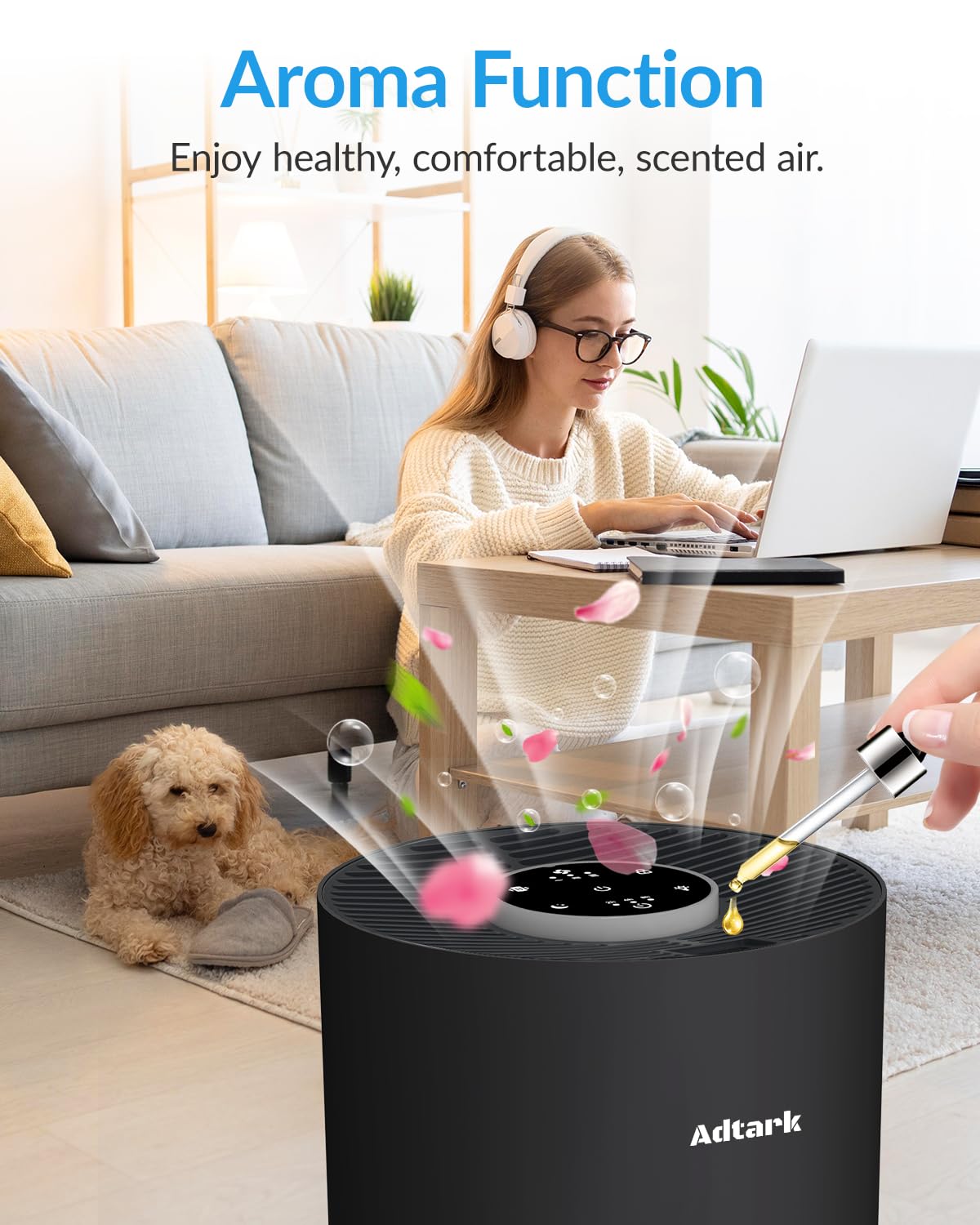ADTARK air purifier aroma function top-tank demonstrates optional essential oil use.