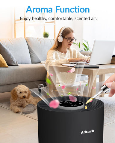 ADTARK air purifier aroma function top-tank demonstrates optional essential oil use.