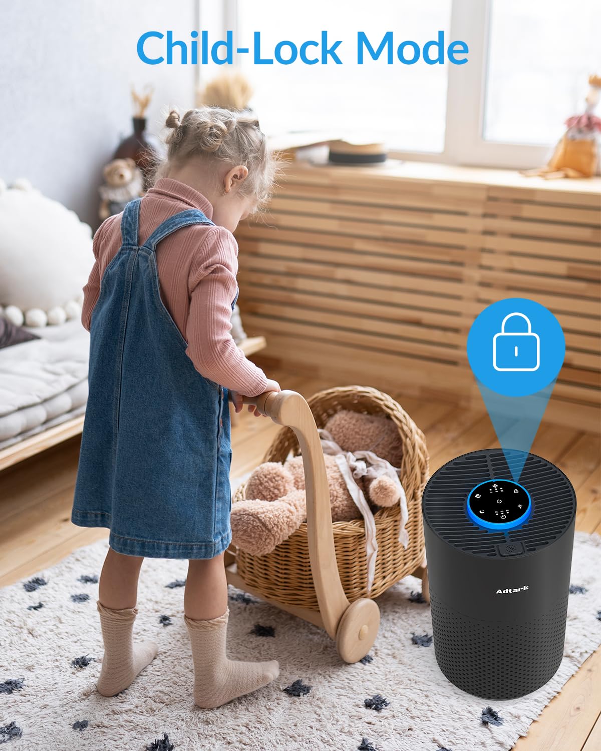 ADTARK air purifier filter reminder indicating replacement is due.