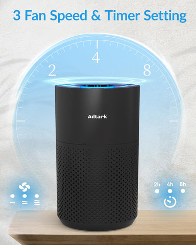ADTARK air purifier with three LED light modes for ambiance control.