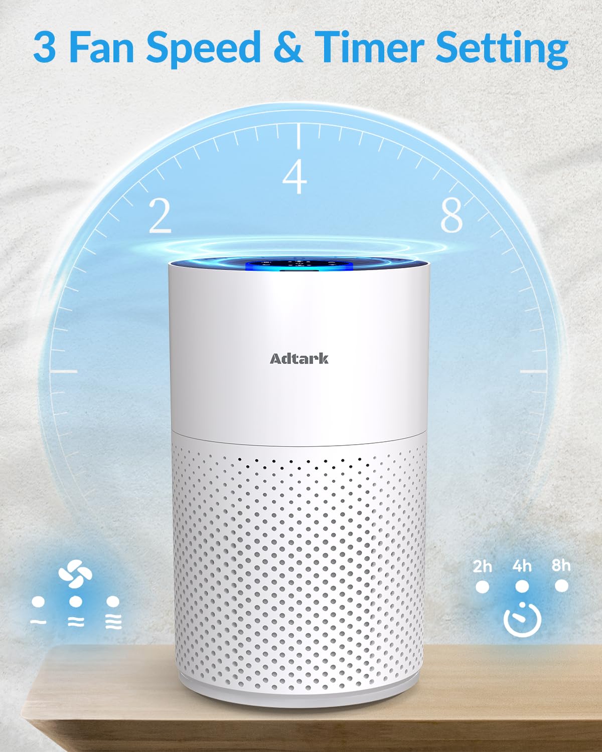 ADTARK air purifier in sleep mode for quiet nighttime purification.