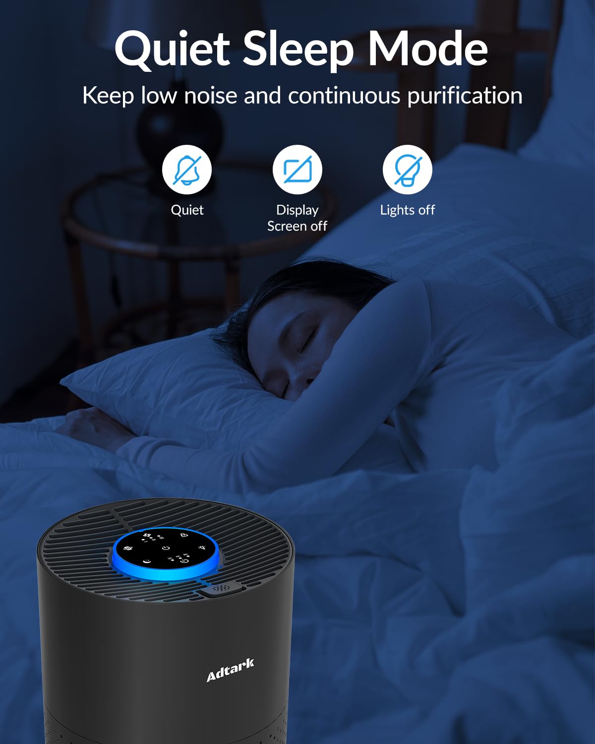 ADTARK air purifier sleep mode for quiet night operation.