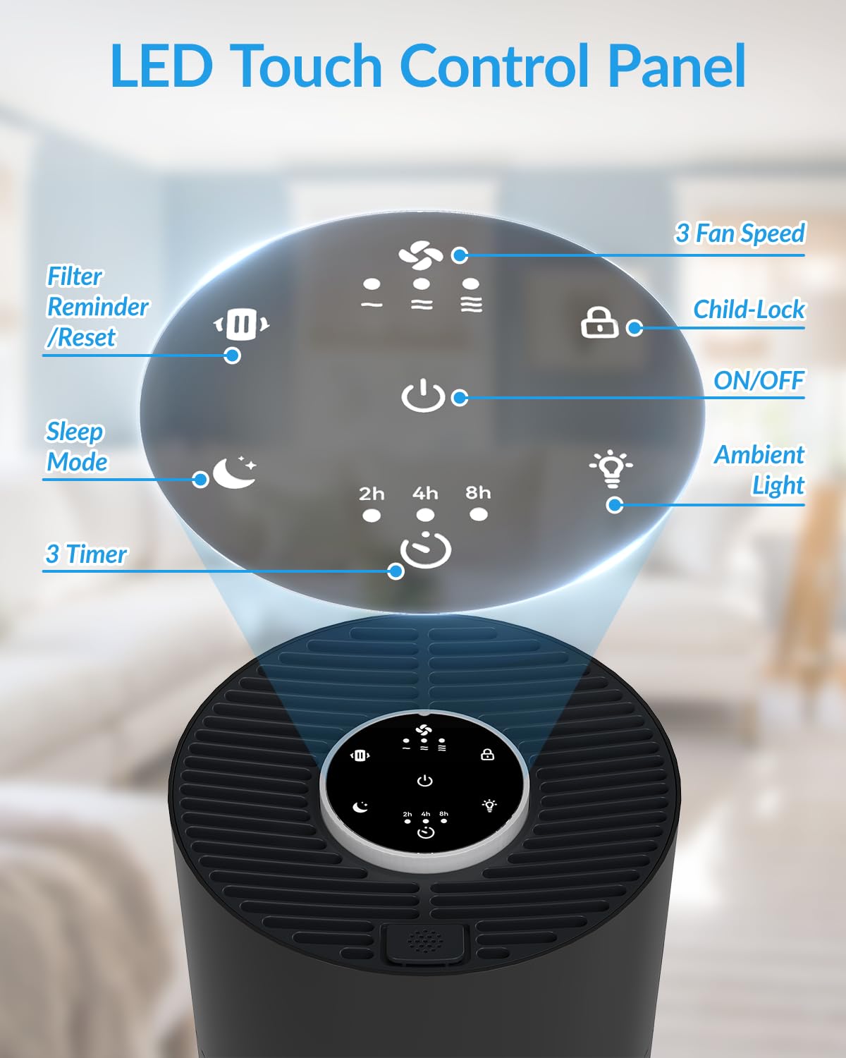ADTARK air purifier timer settings panel for energy saving.
