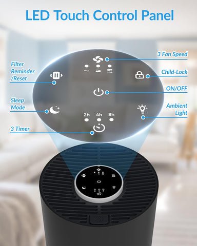 ADTARK air purifier timer settings panel for energy saving.