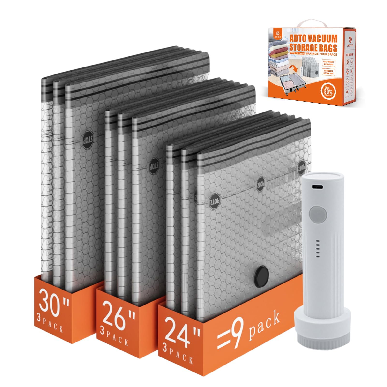 ADTO travel vacuum seal bags with pump showing space saving in luggage.