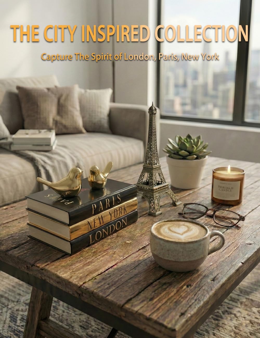 ADUN gold birds decor on books brings warm luxe accents.