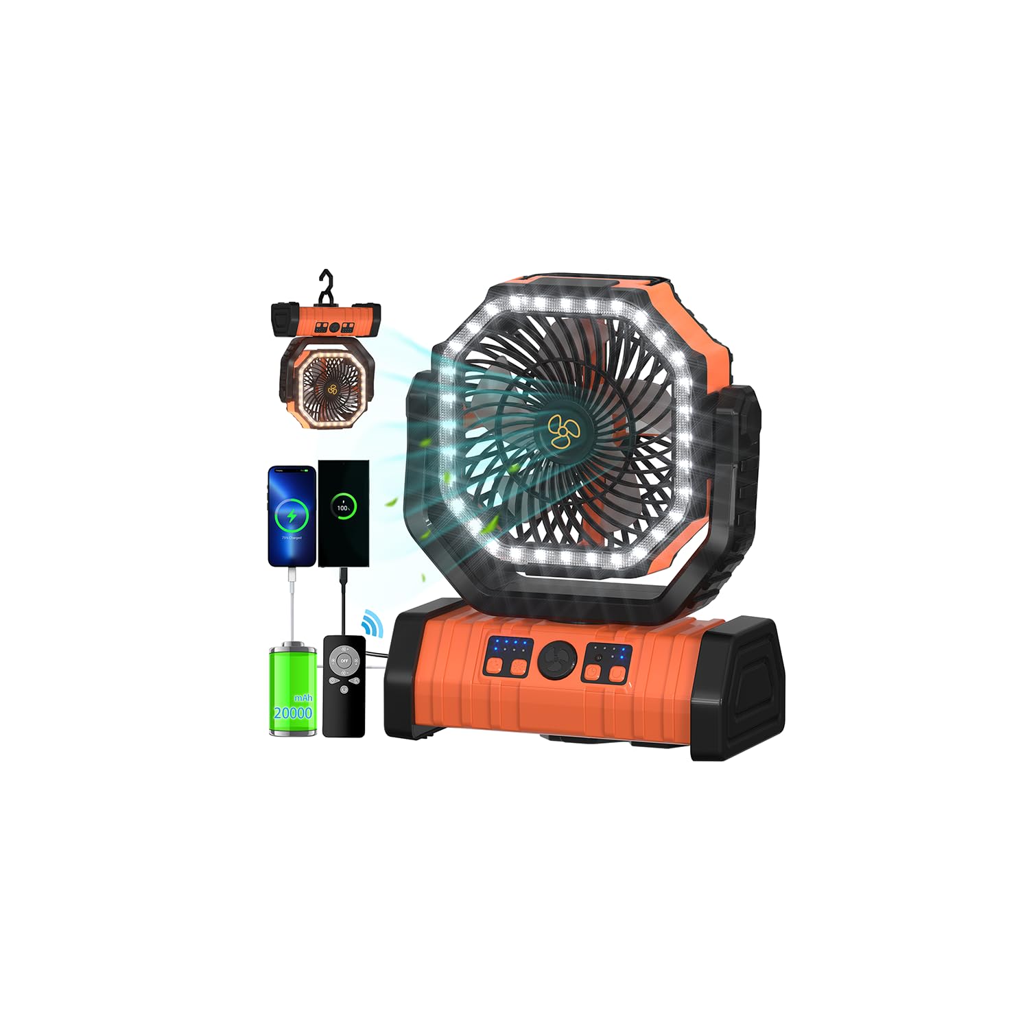 ADUST camping fan with 20000mAh battery for long lasting cooling on outdoor trips.