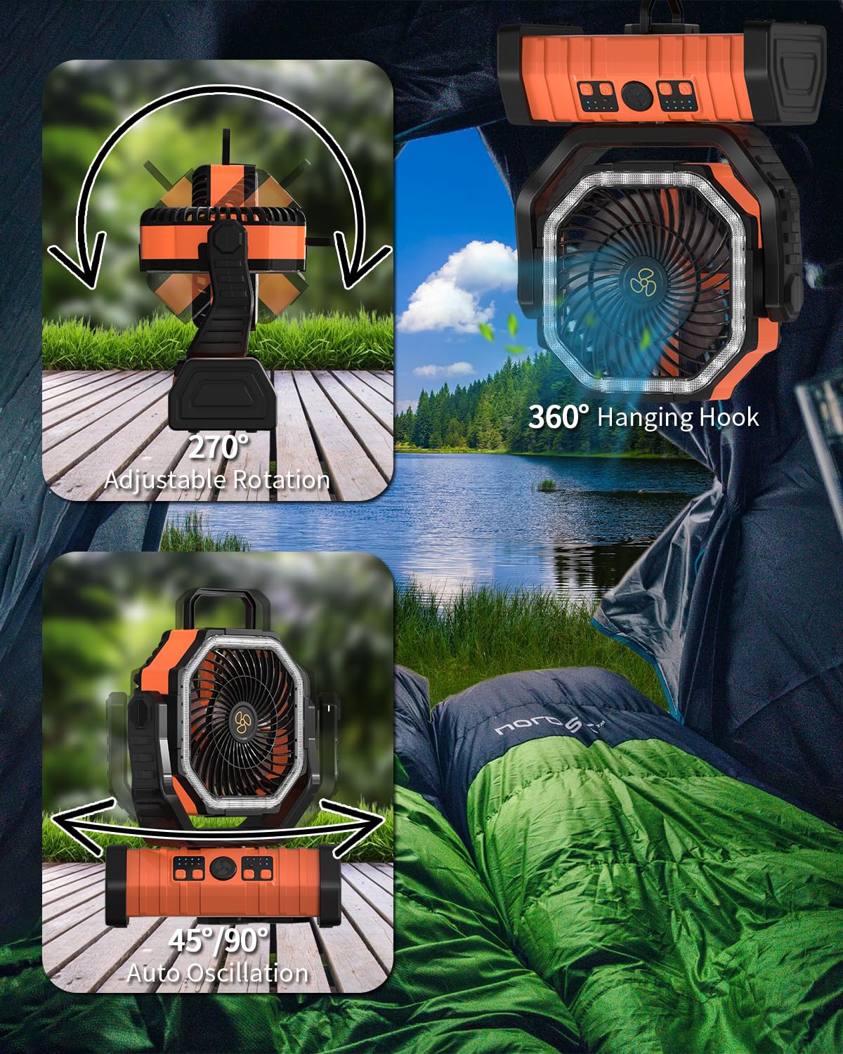 ADUST portable fan with 360° hanging hook for versatile placement.
