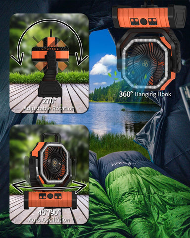 ADUST portable fan with 360° hanging hook for versatile placement.