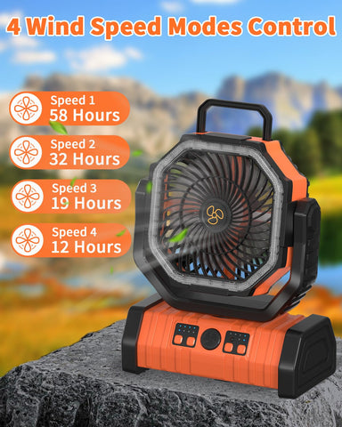 ADUST camping fan doubles as a weatherproof lantern for dusk.