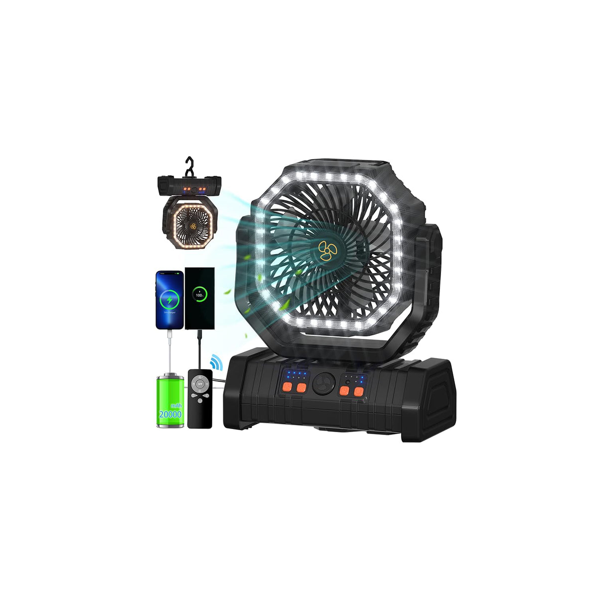 ADUST portable camping fan front view showing compact tent-ready design for cooling