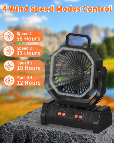 ADUST camping fan with LED light illuminating a dark campsite