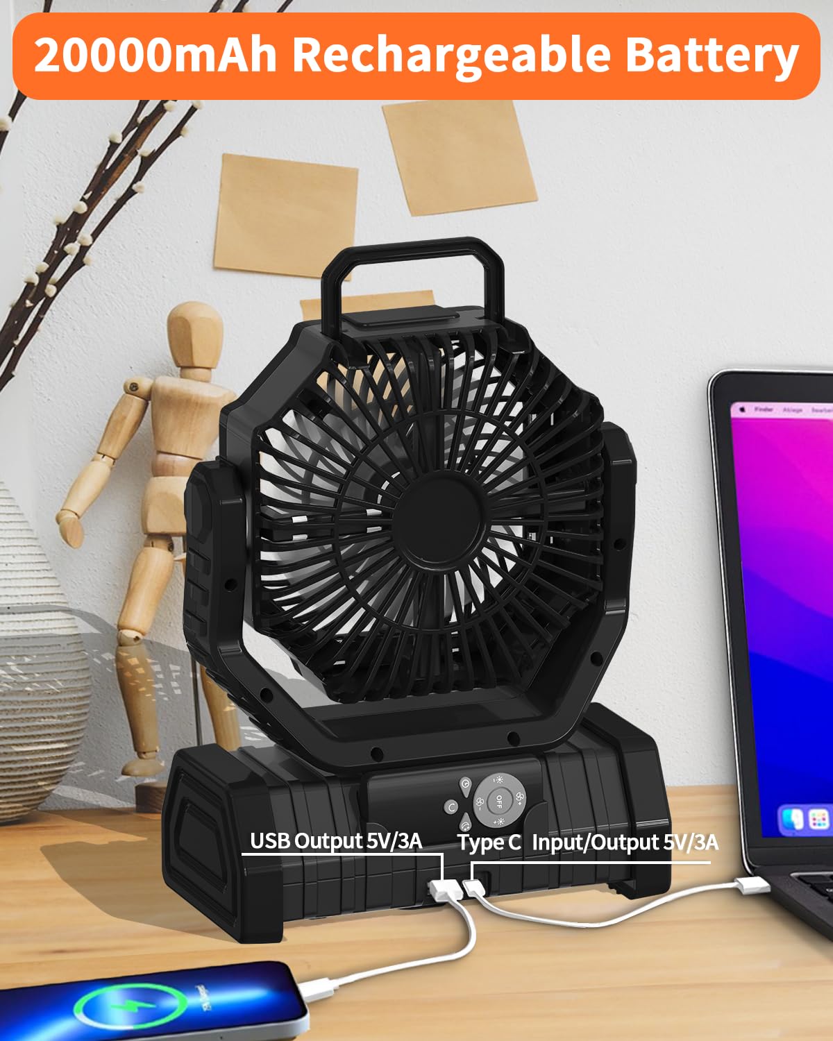 ADUST 20000mAh battery powering the fan and charging a phone