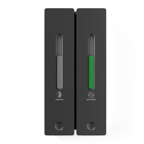 Aeakey two-chamber wall-mounted shampoo and conditioner dispenser for easy refills and organized showers.