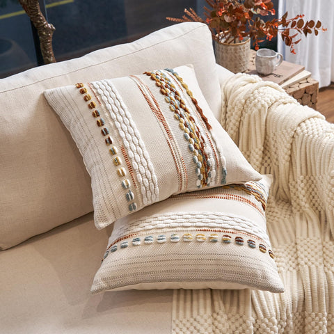 Aeckself chenille tufted pillow cover striped pattern enhances living room decor.