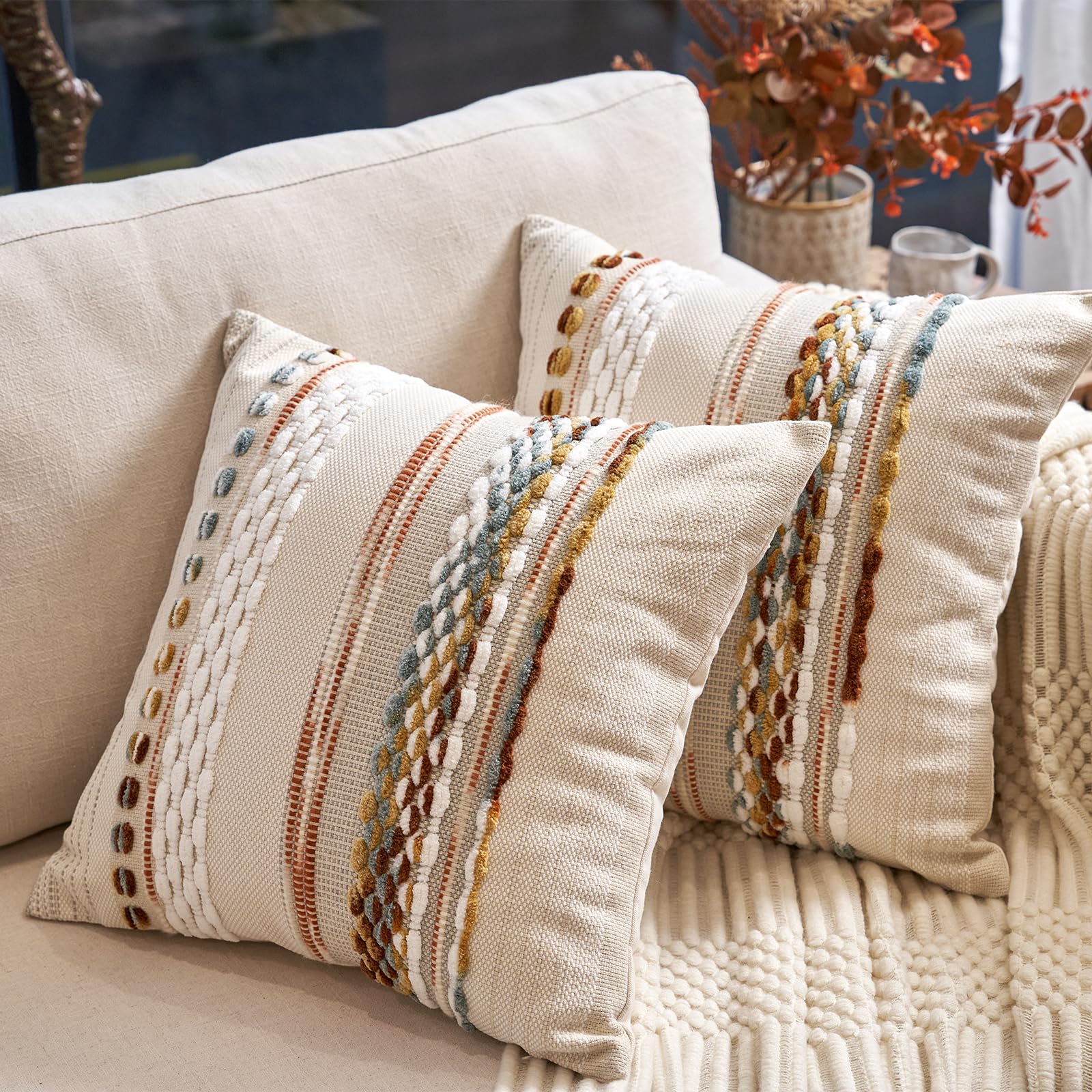 Aeckself farmhouse style pillow cover with bold stripes brightens couch.