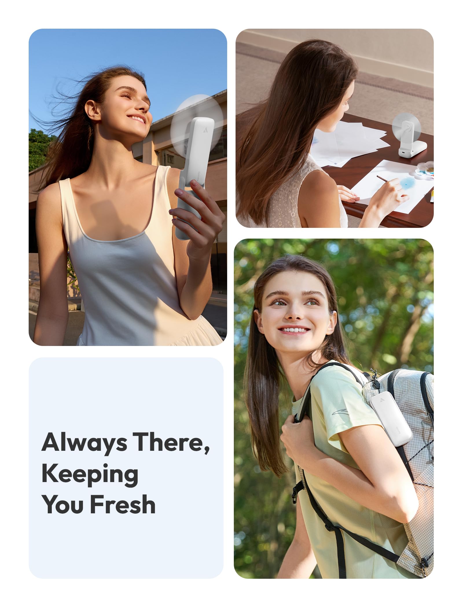 Aecooly slim fan in handheld use, cool breeze anywhere.