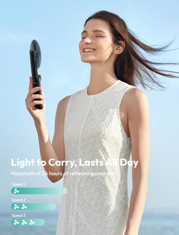 Aecooly Slim Portable Fan offers 3-speed adjustability for personalised cooling.