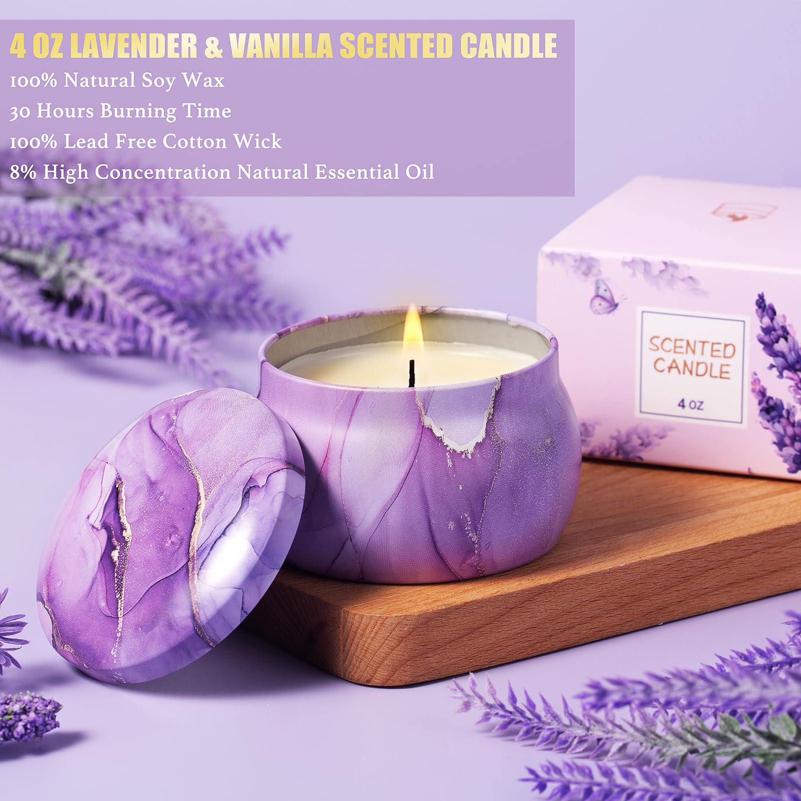 Aeenr lavender-vanilla candle fills spaces with calming scent.