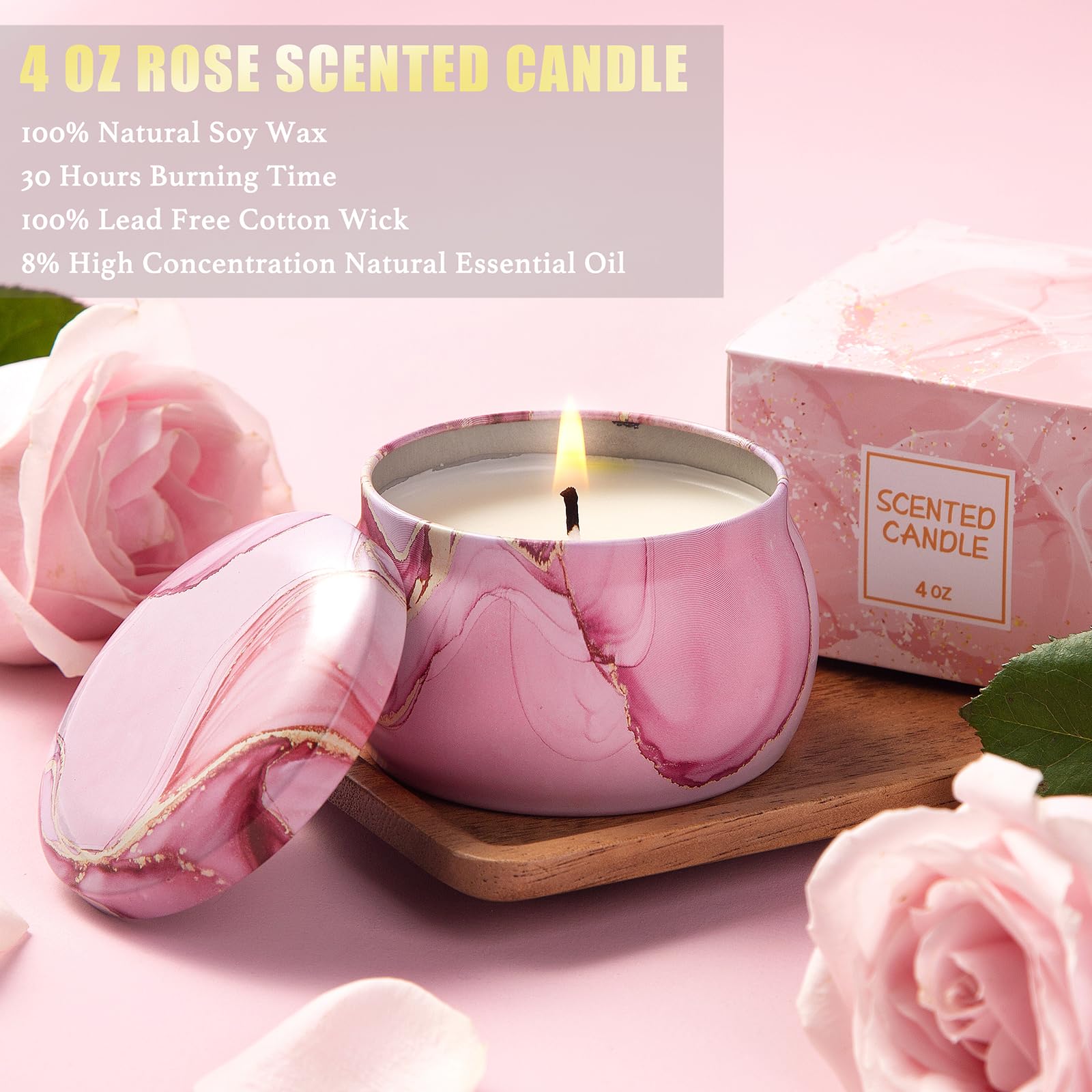 Aeenr rose scented candle delivers a gentle fragrance for ambiance.