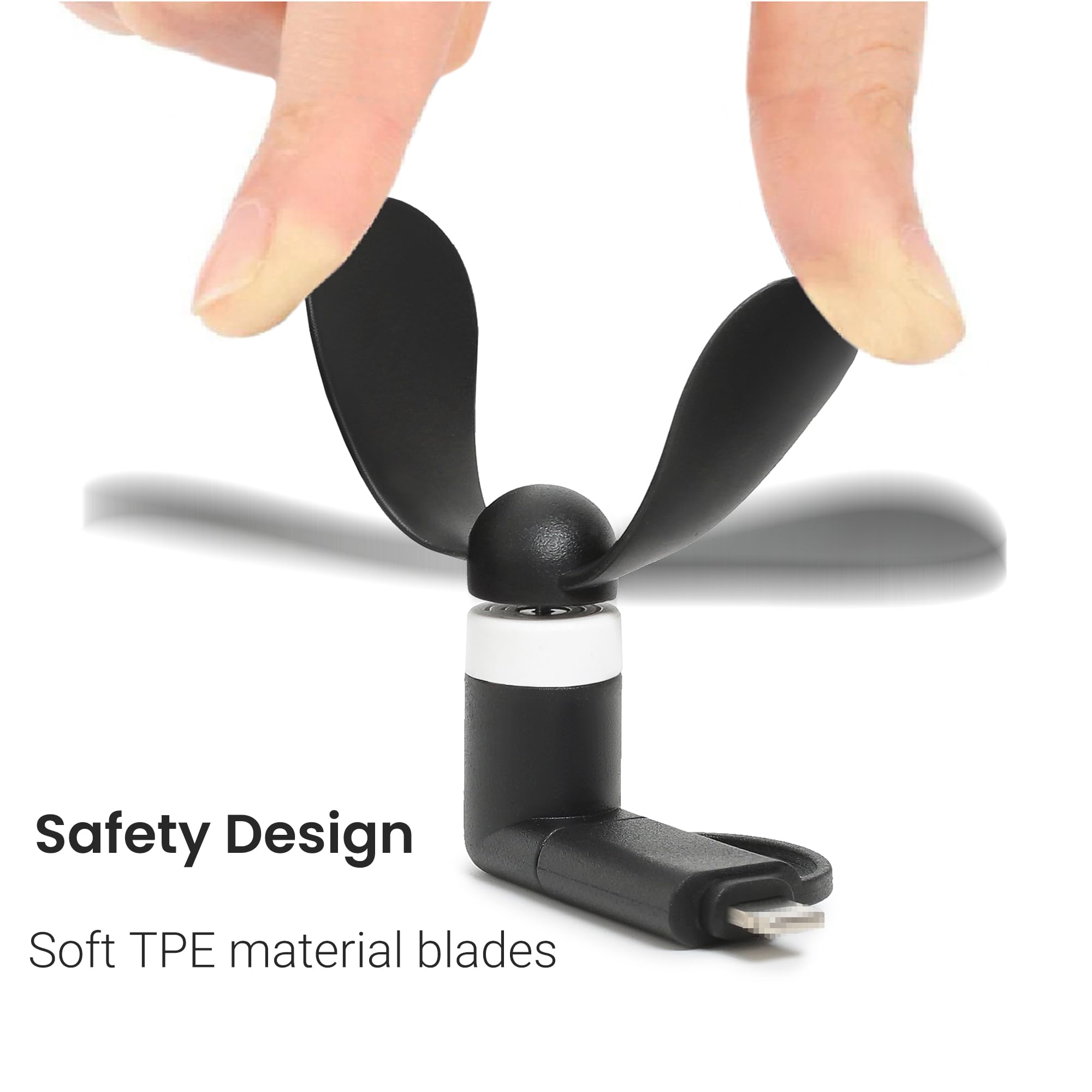 Aeergured white phone fan with compact form fits pockets easily.
