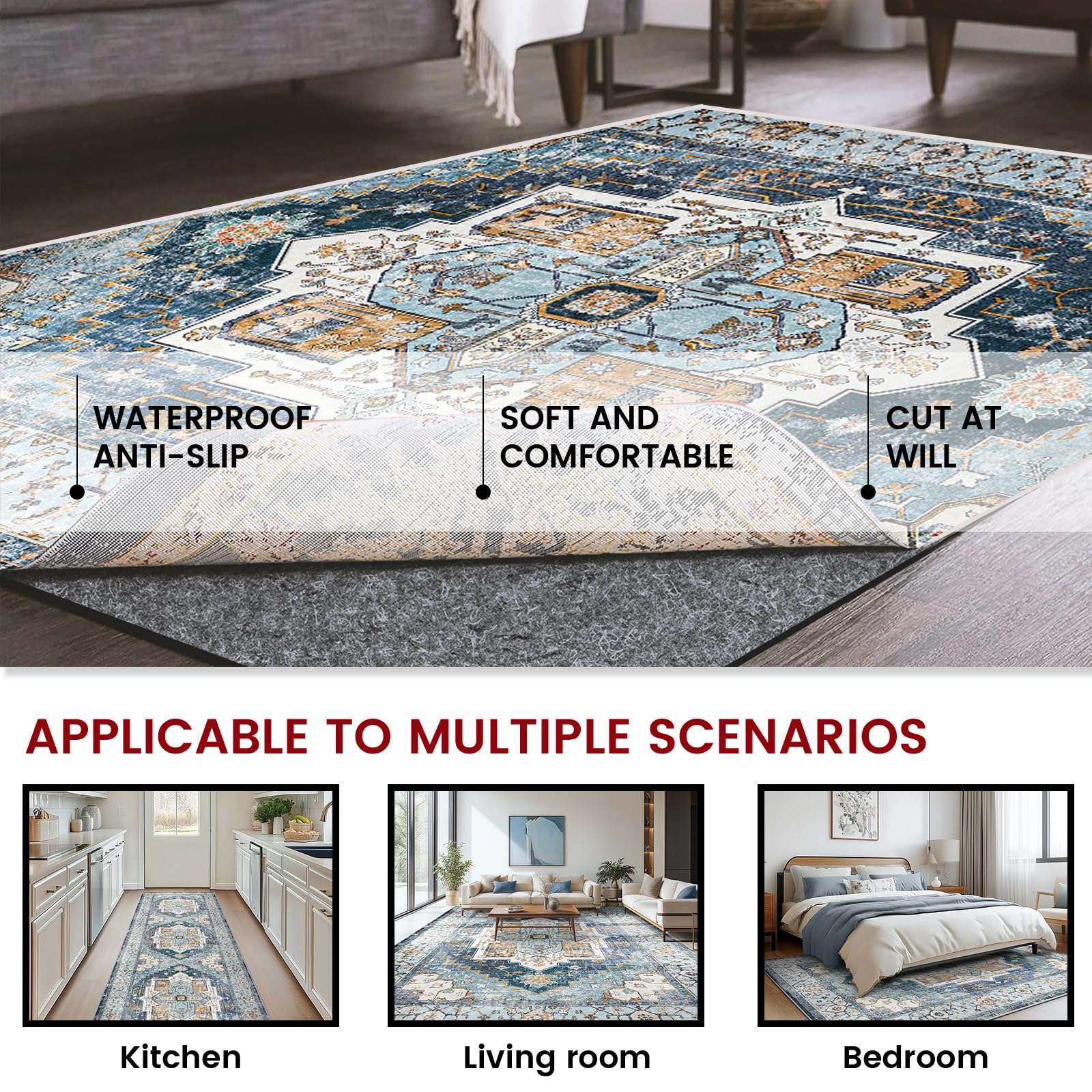 AEHISDHIE easy cut-to-fit edge allows quick customization for any rug shape.