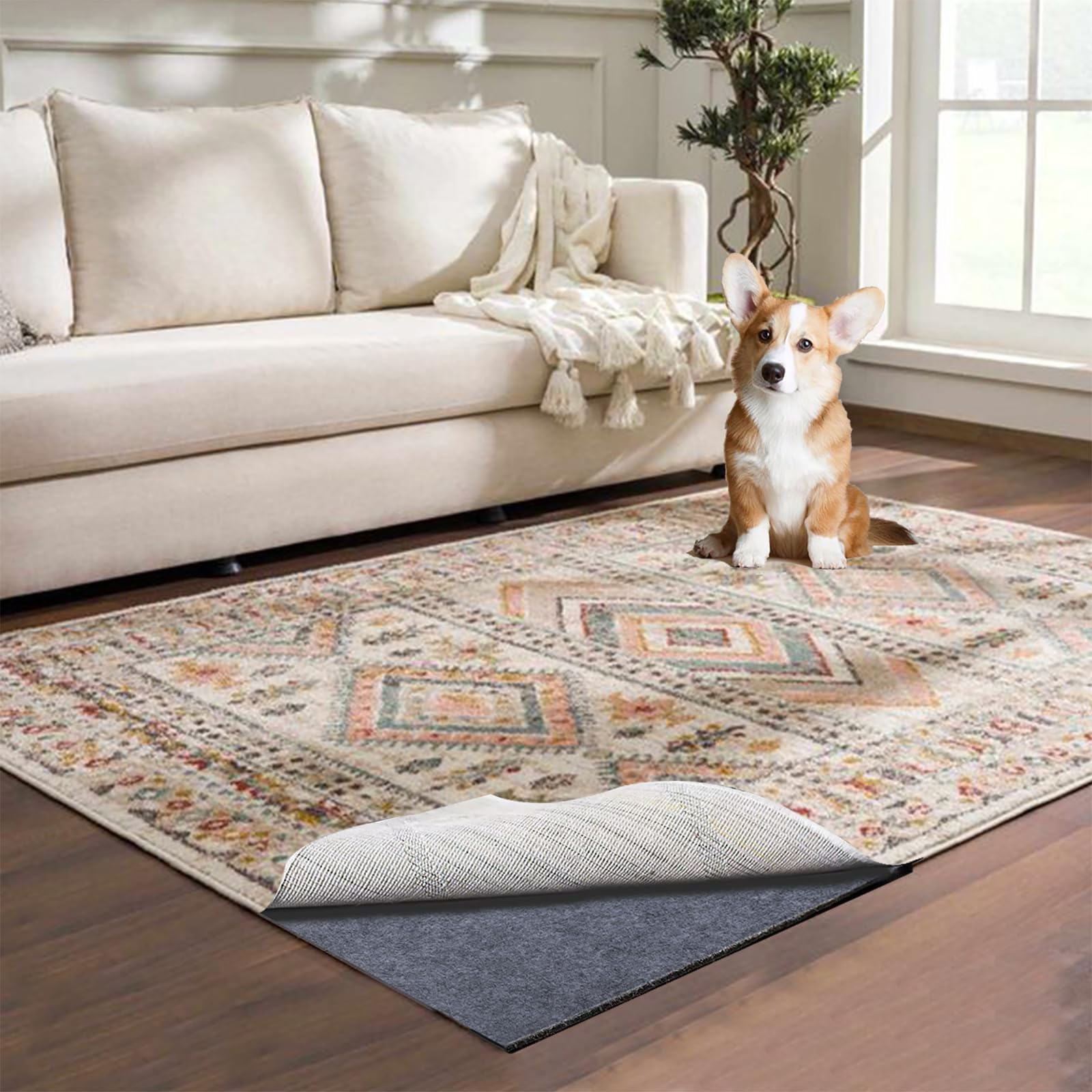 AEHISDHIE waterproof rug pad with non-slip bottom keeps rugs steady.