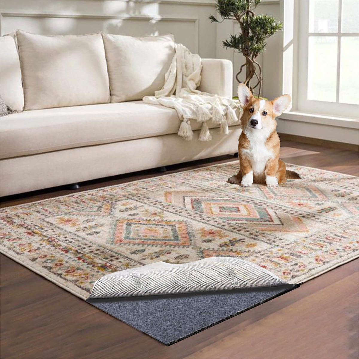AEHISDHIE waterproof rug pad with non-slip bottom keeps rugs steady.