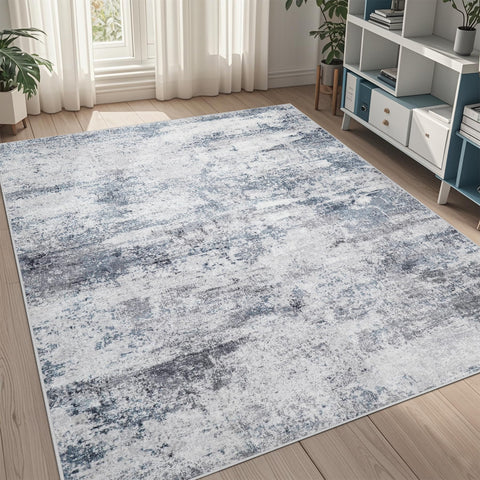 Aelenmu 5x8 abstract blue-gray rug in a living room with easy maintenance