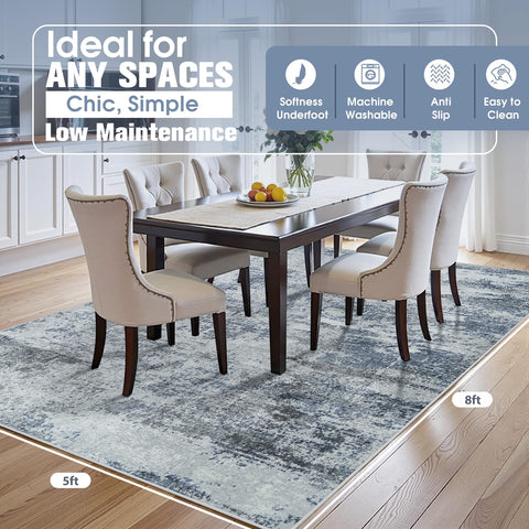Aelenmu abstract rug in blue-gray adds soft texture to a cozy bedroom