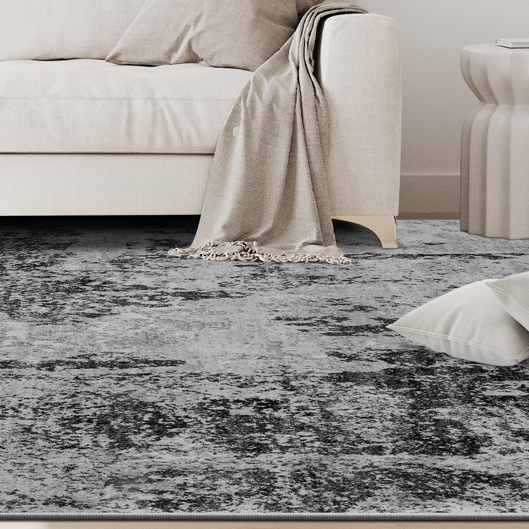 Aelenmu abstract rug complements home offices with subtle elegance and cozy atmosphere.